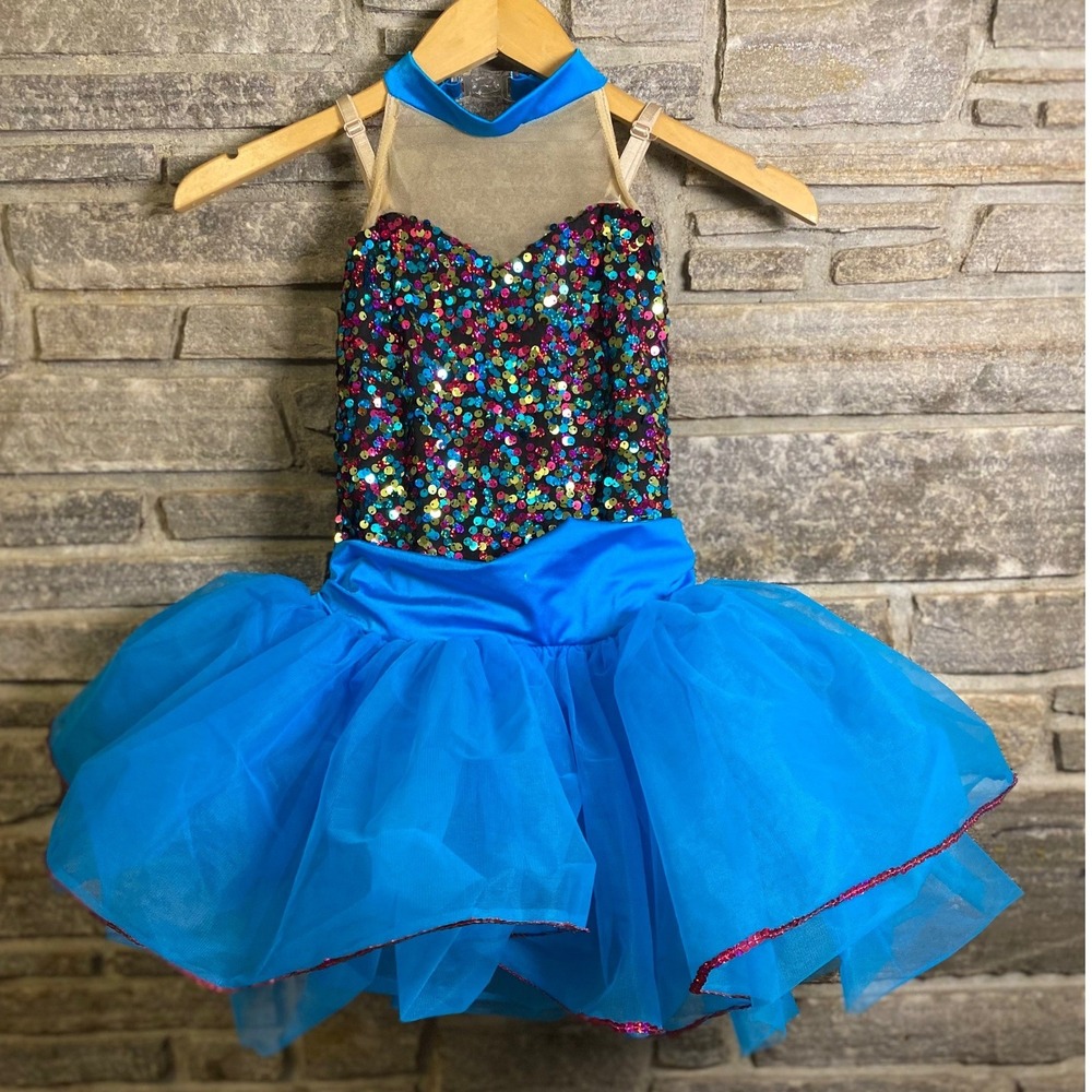 Costume Gallery Kids Large Blue Sequin Tutu Dance Leotard Costume 16122 USA Made